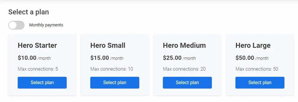 Plan selection screen