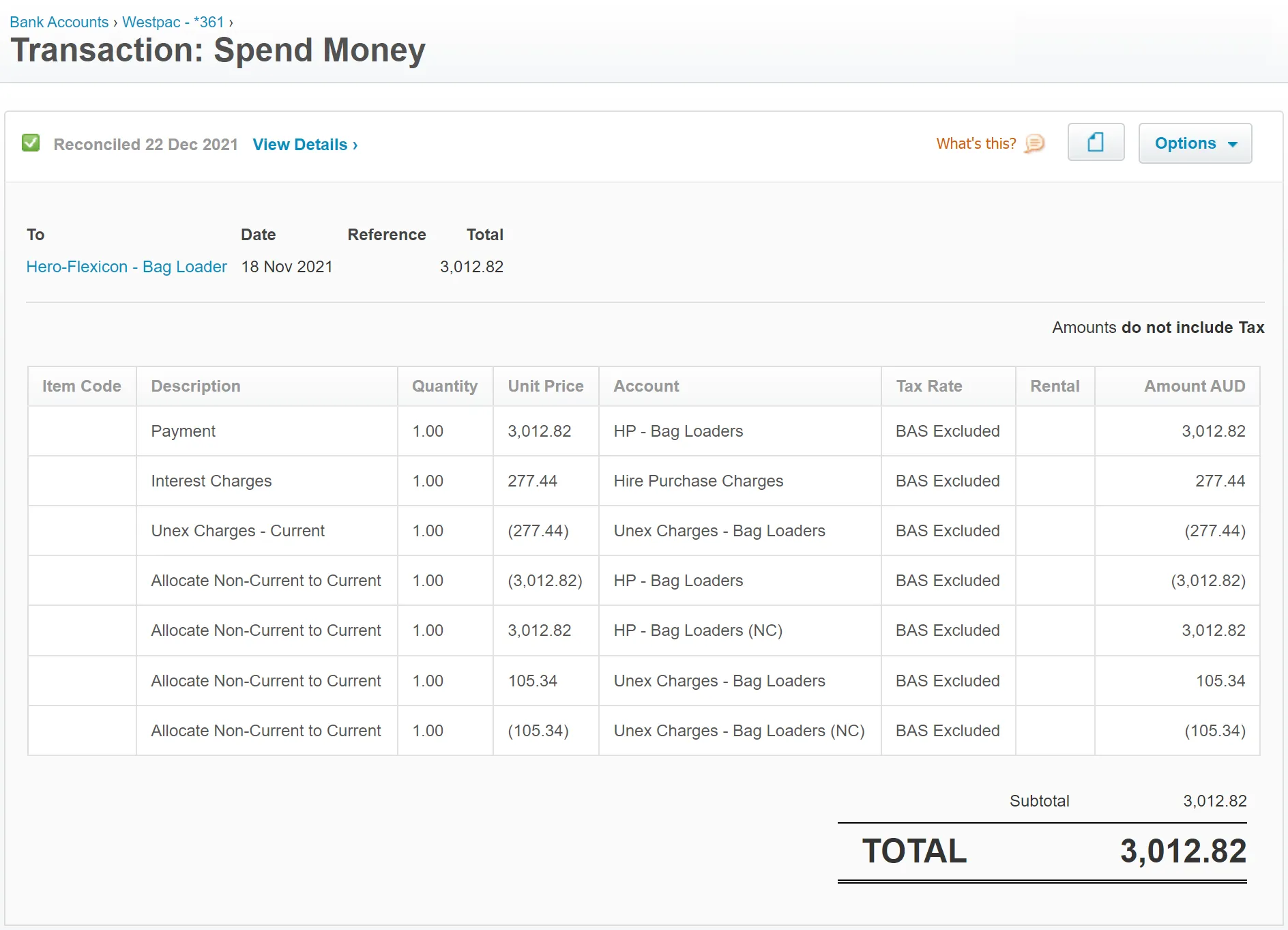 Example 3 — spend money transaction synced from Hero Blue